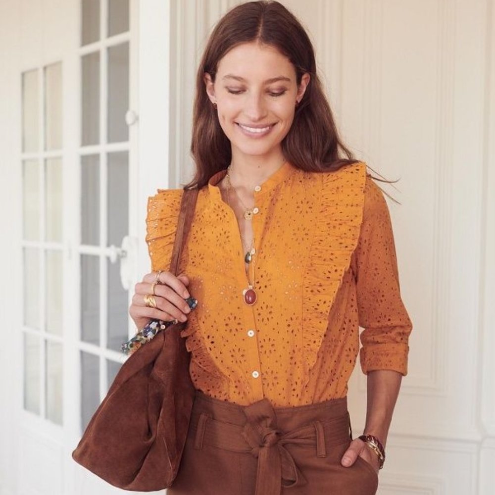 Sezane Eyelet Ruffle Blouse Shirt